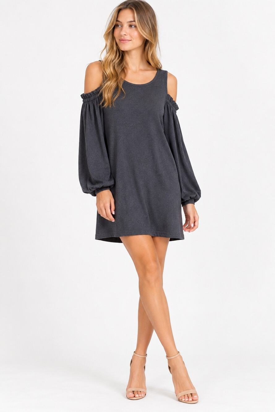 Chic Everly Charcoal Cold Shoulder Sweater Dress, Size S